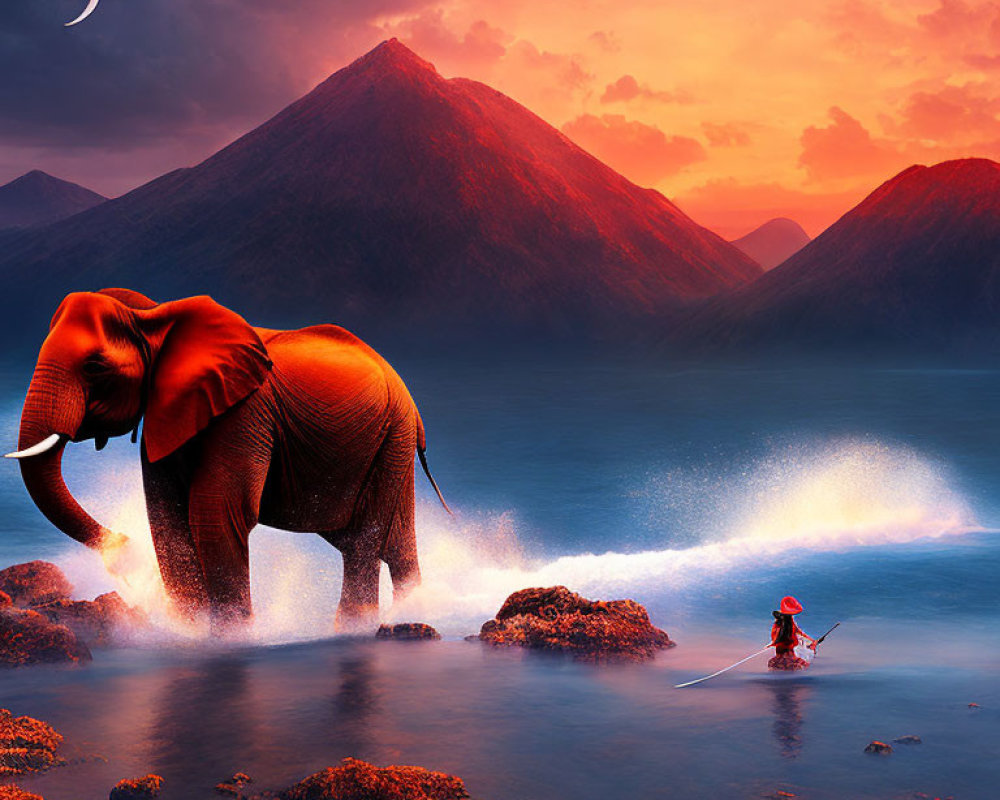 Elephant spraying water in lake with fisherman in boat under twilight sky