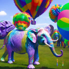 Vibrant elephants and hot air balloons in grassy field display
