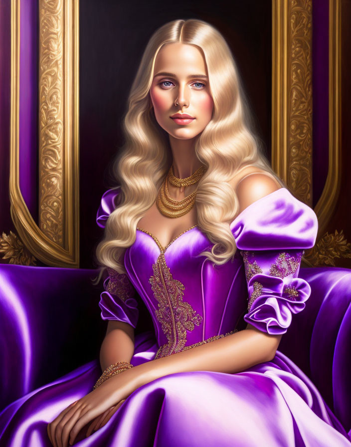 Digital portrait of woman with long blonde hair in purple dress near gilded frame