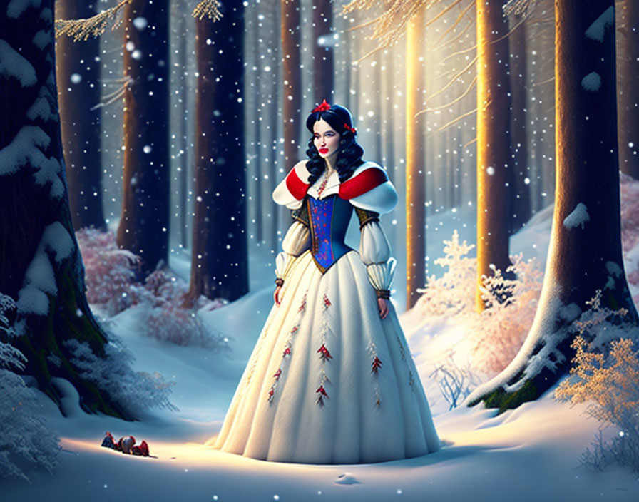 Snow White costume in snowy forest with apple and snowflakes