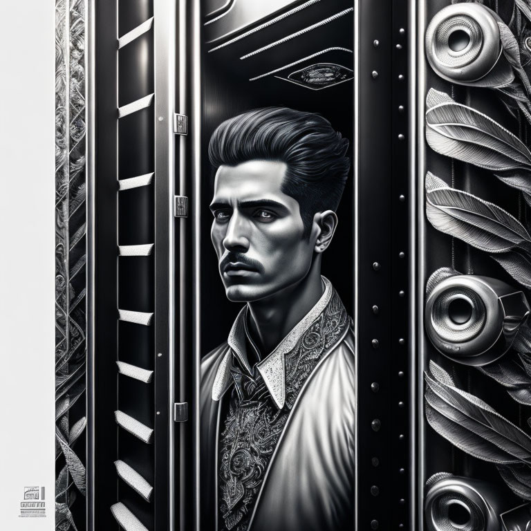 Monochrome illustration of a man with slicked-back hair in intricate shirt, surrounded by metallic feather textures