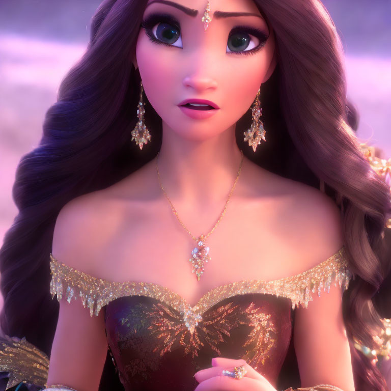 Long brown hair, green eyes, and golden jewelry on animated female character in surprise against purple background