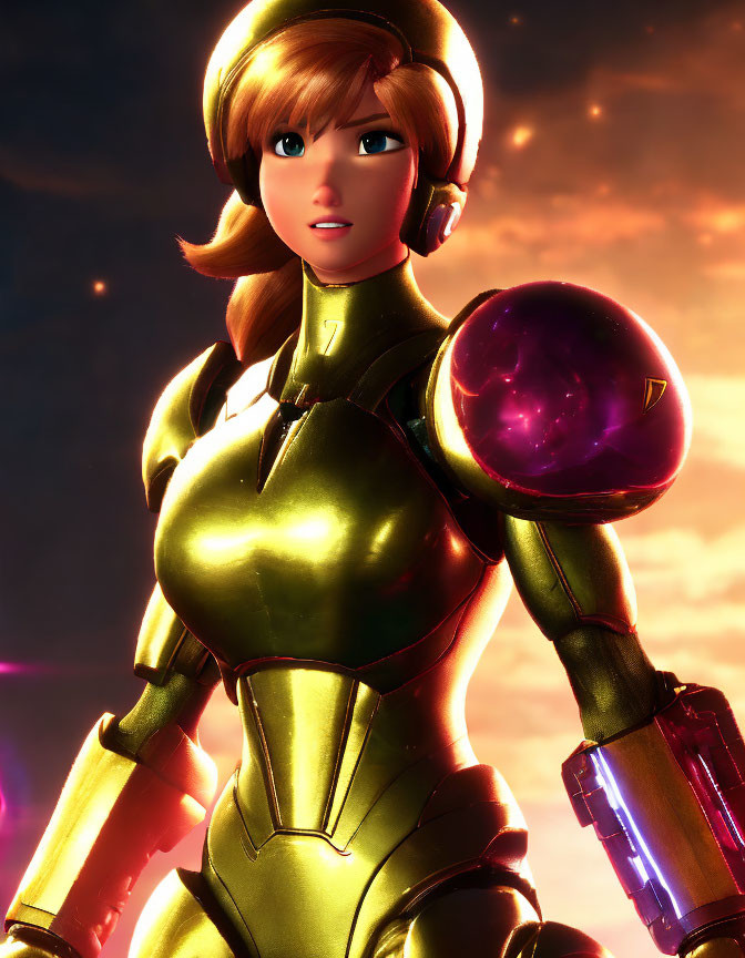 Futuristic female character in yellow armor suit with arm cannon, in 3D render