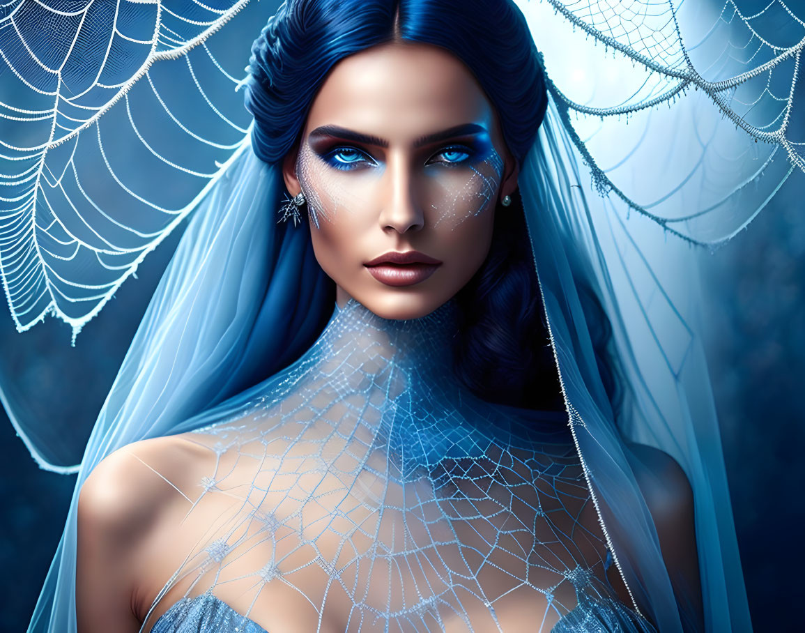 Blue-skinned woman with cobweb motif on blue backdrop