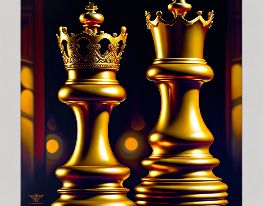 Gold King and Queen Chess Pieces on Dark Background with Bokeh Lights