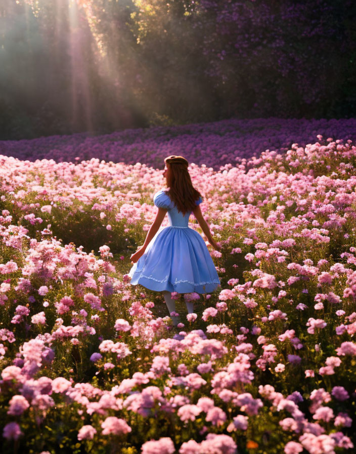 Woman in Blue Dress Walking Through Field of Pink Flowers in Warm Sunlight