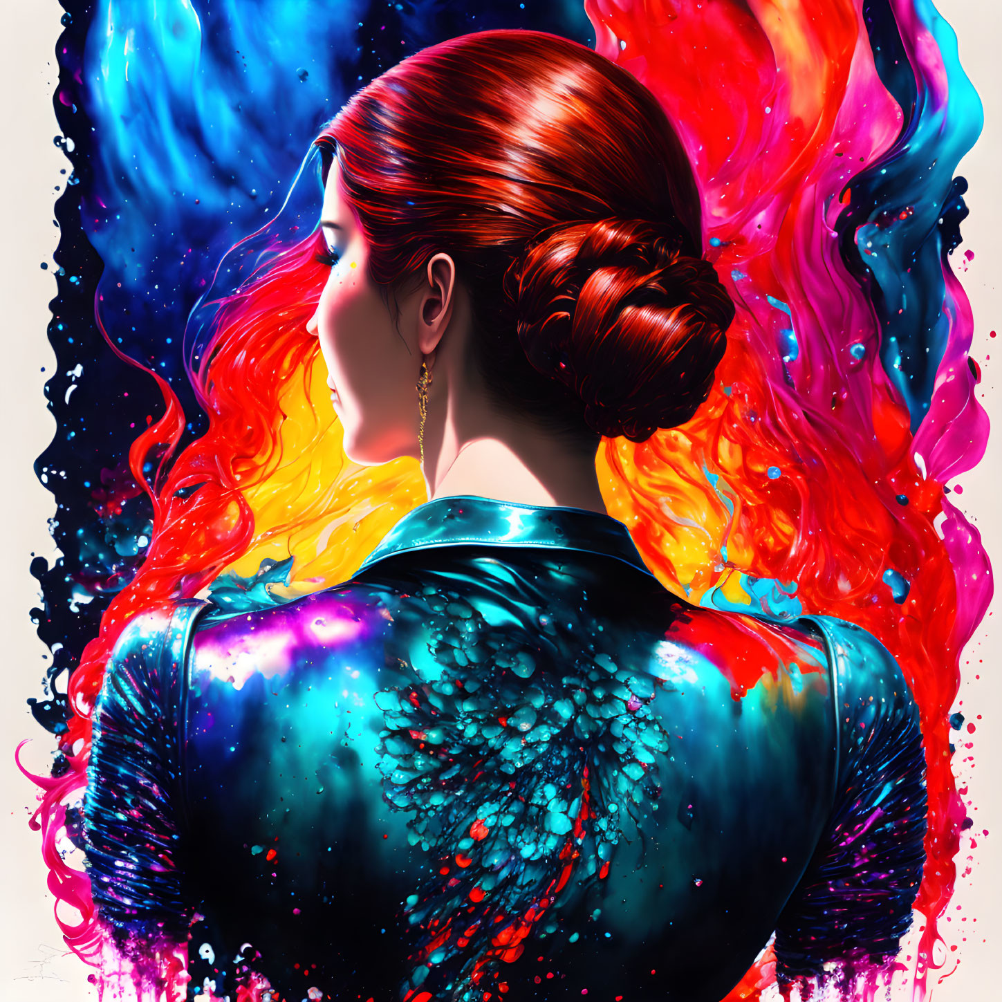 Braided Hair Bun Woman in Galaxy Outfit with Cosmic Colors