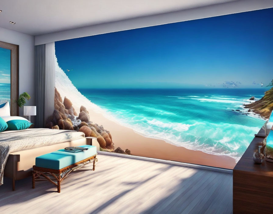 Modern Bedroom with Panoramic Ocean View and Contemporary Furnishings