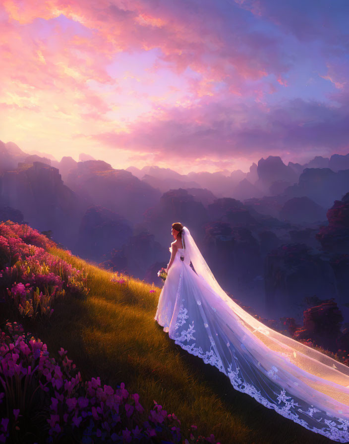 Woman in white gown on hillside with purple flowers and sunrise