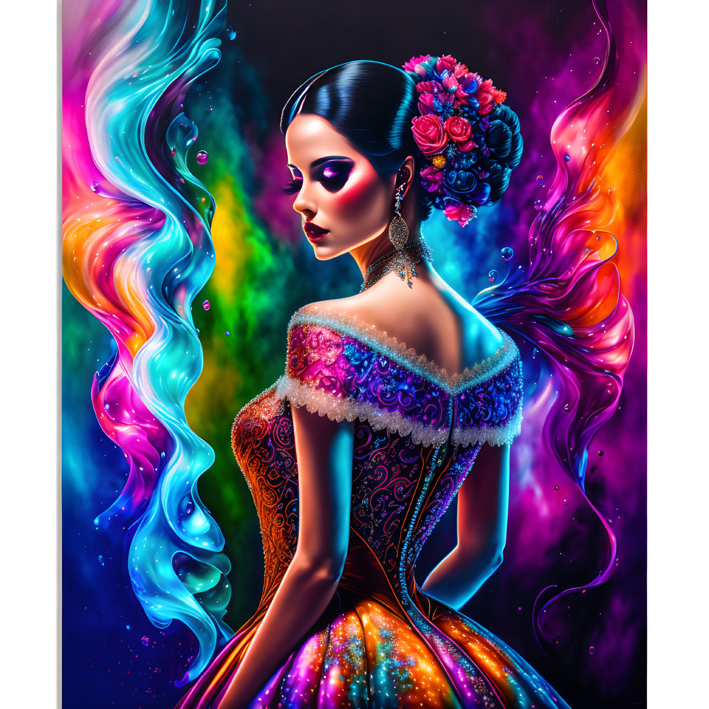 Colorful woman portrait with floral hair and ornate dress on swirling background