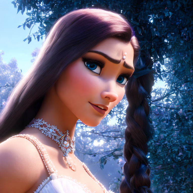 Female animated character with large eyes, braided hair, jewelry, in glowing forest.
