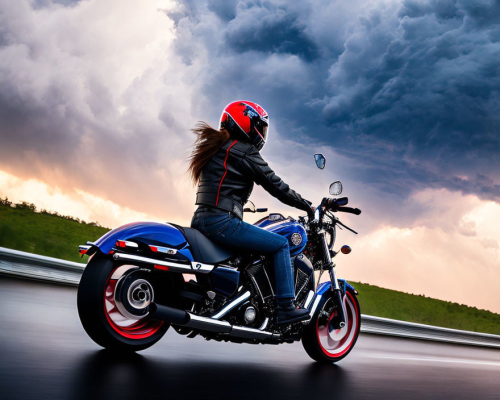 Woman Riding Motorcycle on Highway with Dramatic Cloudy Sky