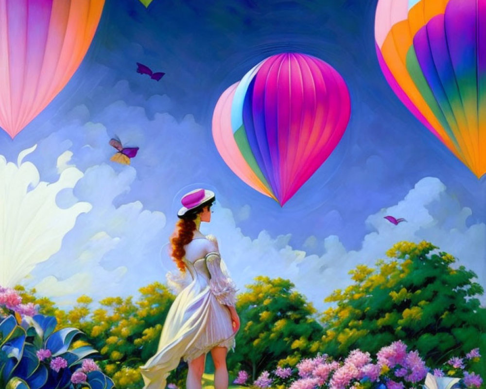 Vintage Attired Woman Gazing at Colorful Hot Air Balloons in Vibrant Sky