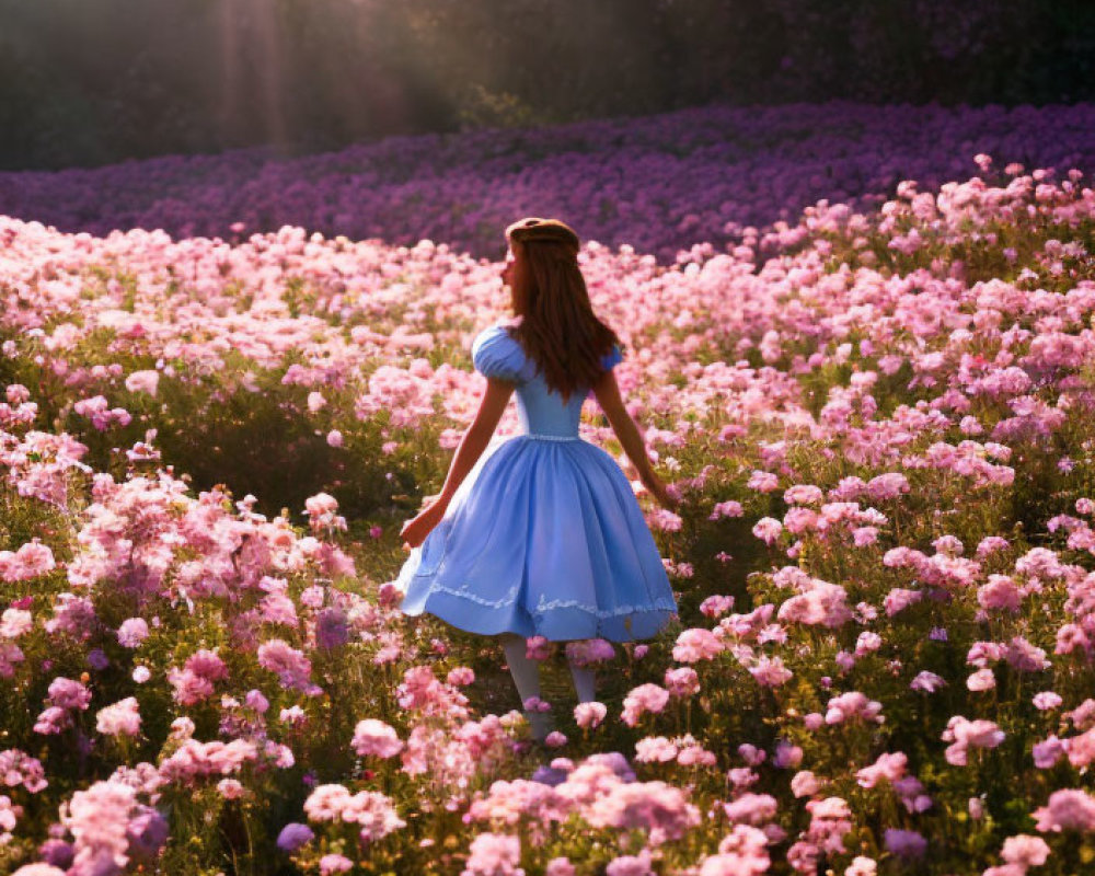 Woman in Blue Dress Walking Through Field of Pink Flowers in Warm Sunlight