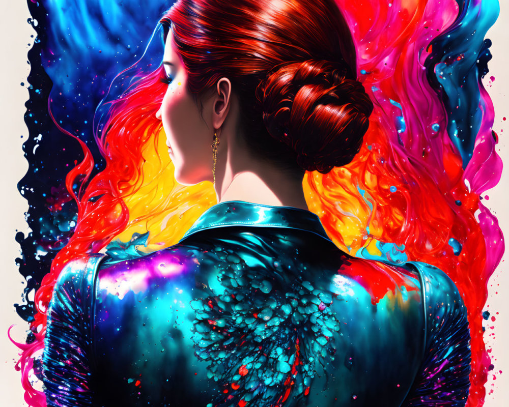 Braided Hair Bun Woman in Galaxy Outfit with Cosmic Colors