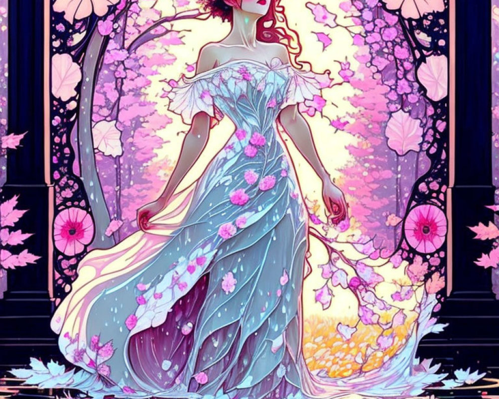 Illustrated woman with red hair in blue dress surrounded by floral backdrop