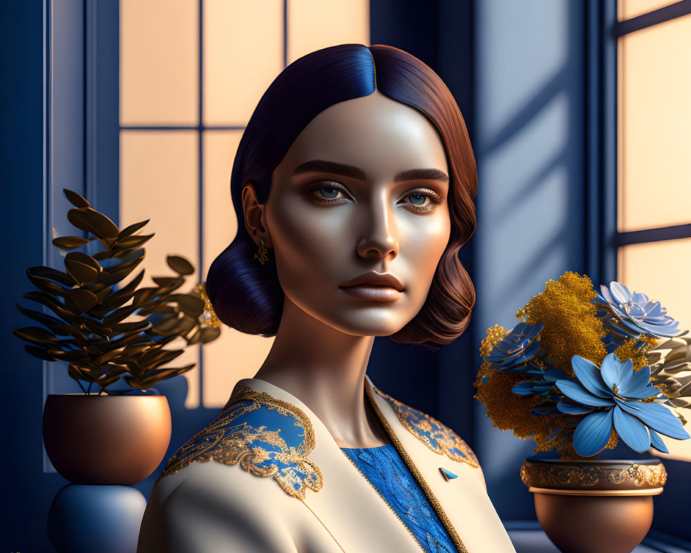 Stylized digital artwork of woman with blue hair in room with blue walls and plants