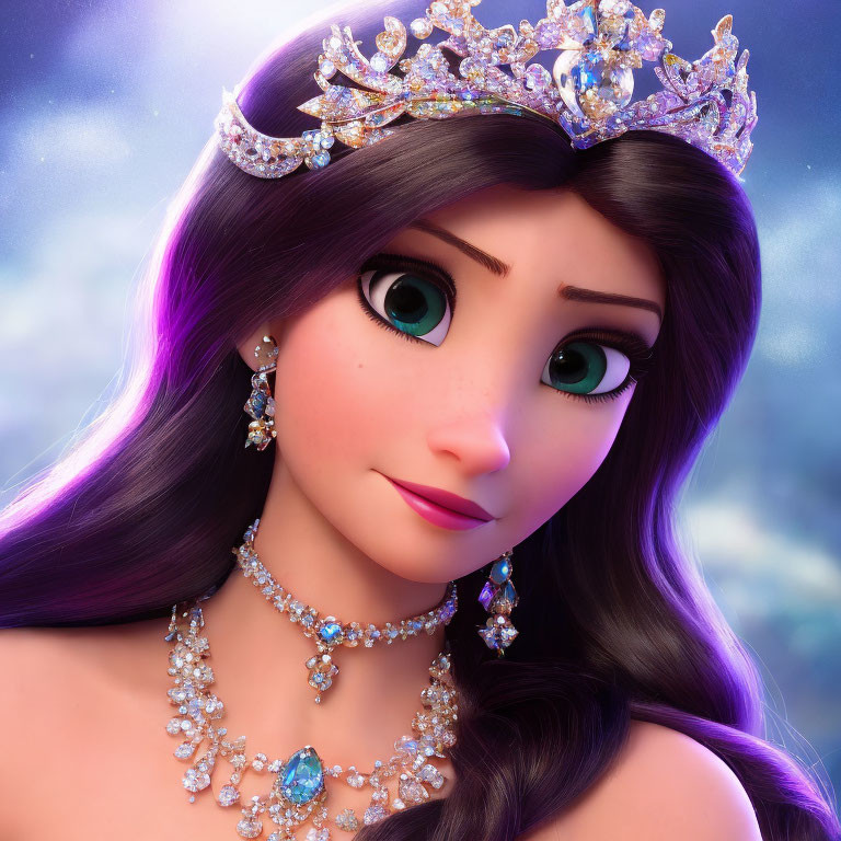 Close-up of animated young woman with green eyes, purple hair, jeweled crown, and elegant jewelry