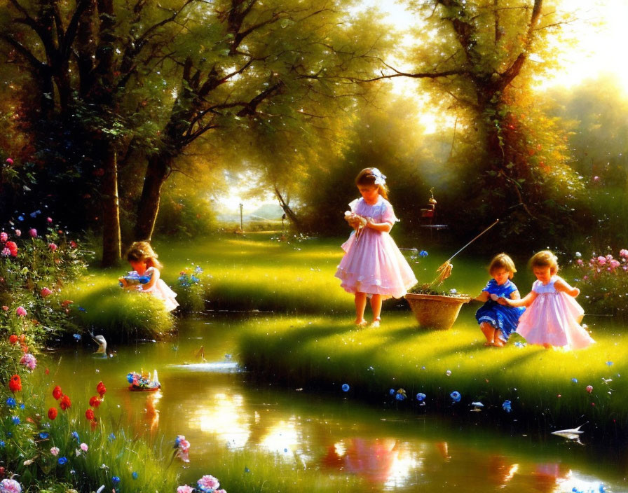 Vintage dresses: Children playing by sunlit stream