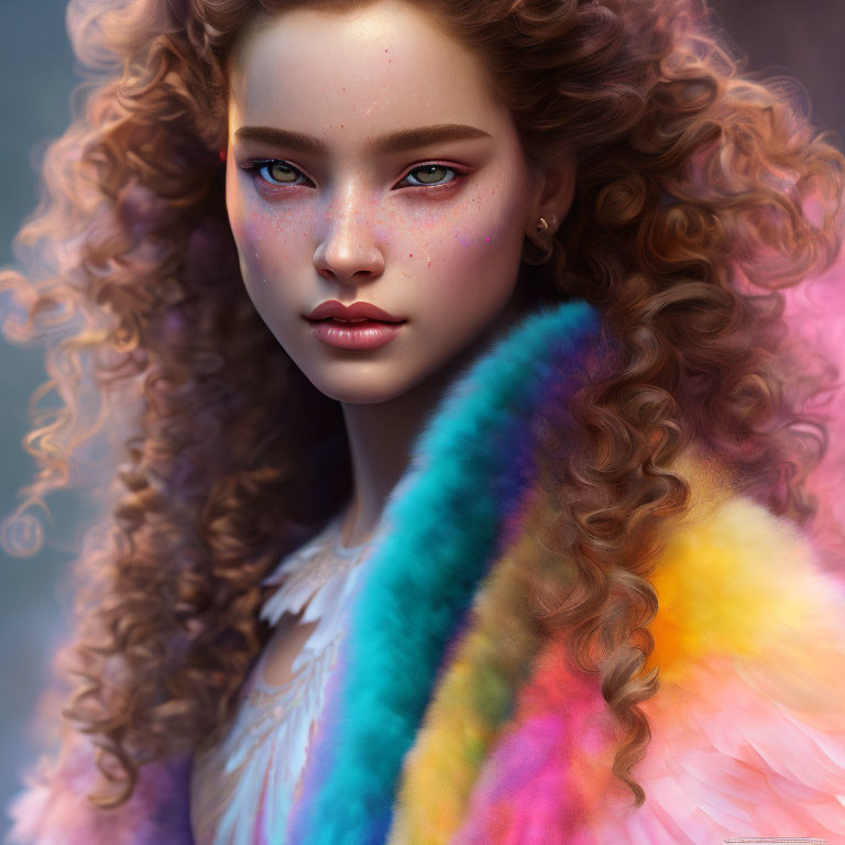 Digital portrait of woman: curly hair, freckles, blue eyes, colorful fur coat