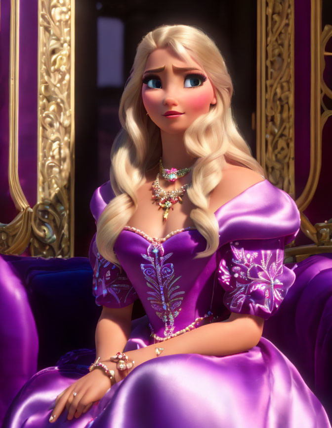 Blonde-Haired Animated Character in Purple Dress by Golden Window