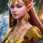 Elf digital artwork: Blue-eyed elf with pointed ears and golden jewelry on warm, softly lit background