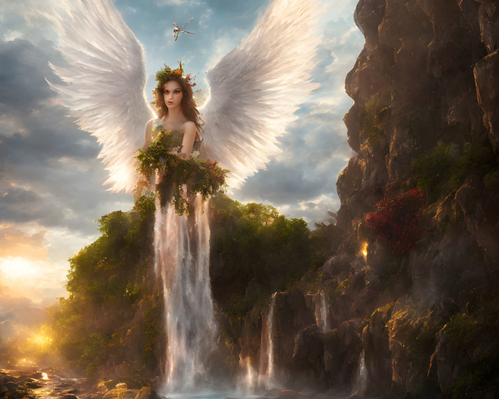 Celestial entity with white wings near waterfall in sunlight