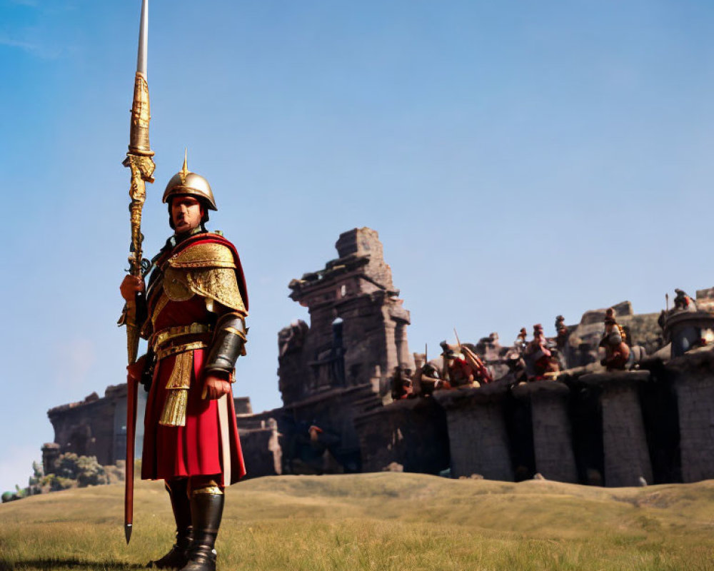 Roman soldier in traditional armor with spear at ancient ruins