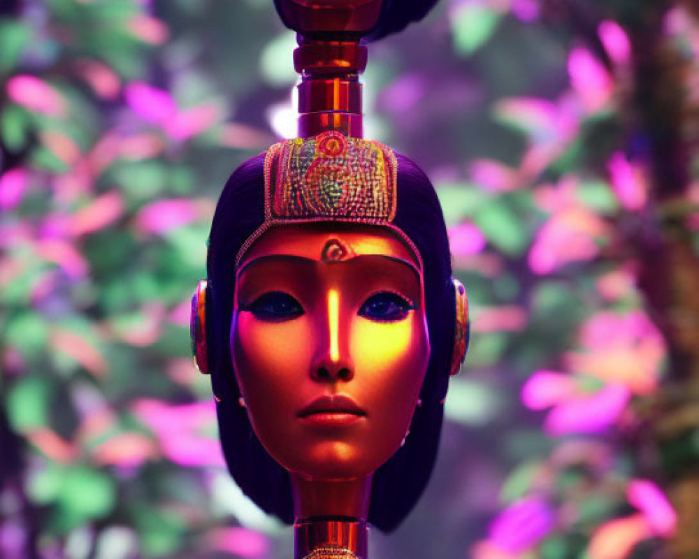Egyptian-Style Robotic Heads on Colorful Foliage with Vibrant Background