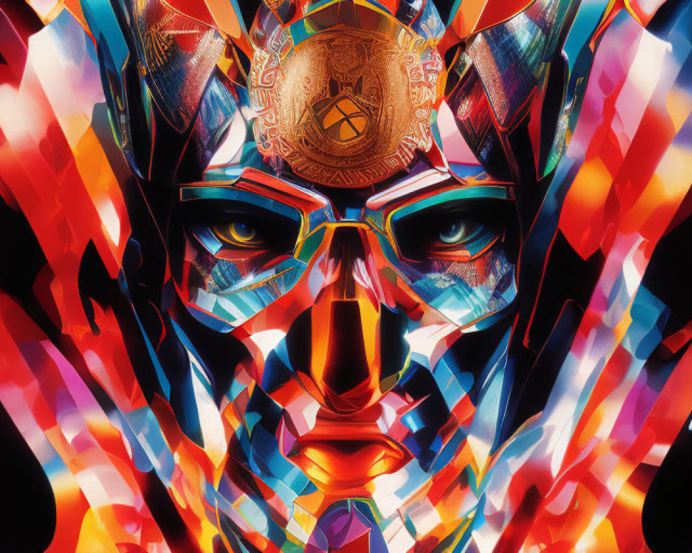 Colorful Geometric Mask Artwork with Futuristic Tribal Aesthetic