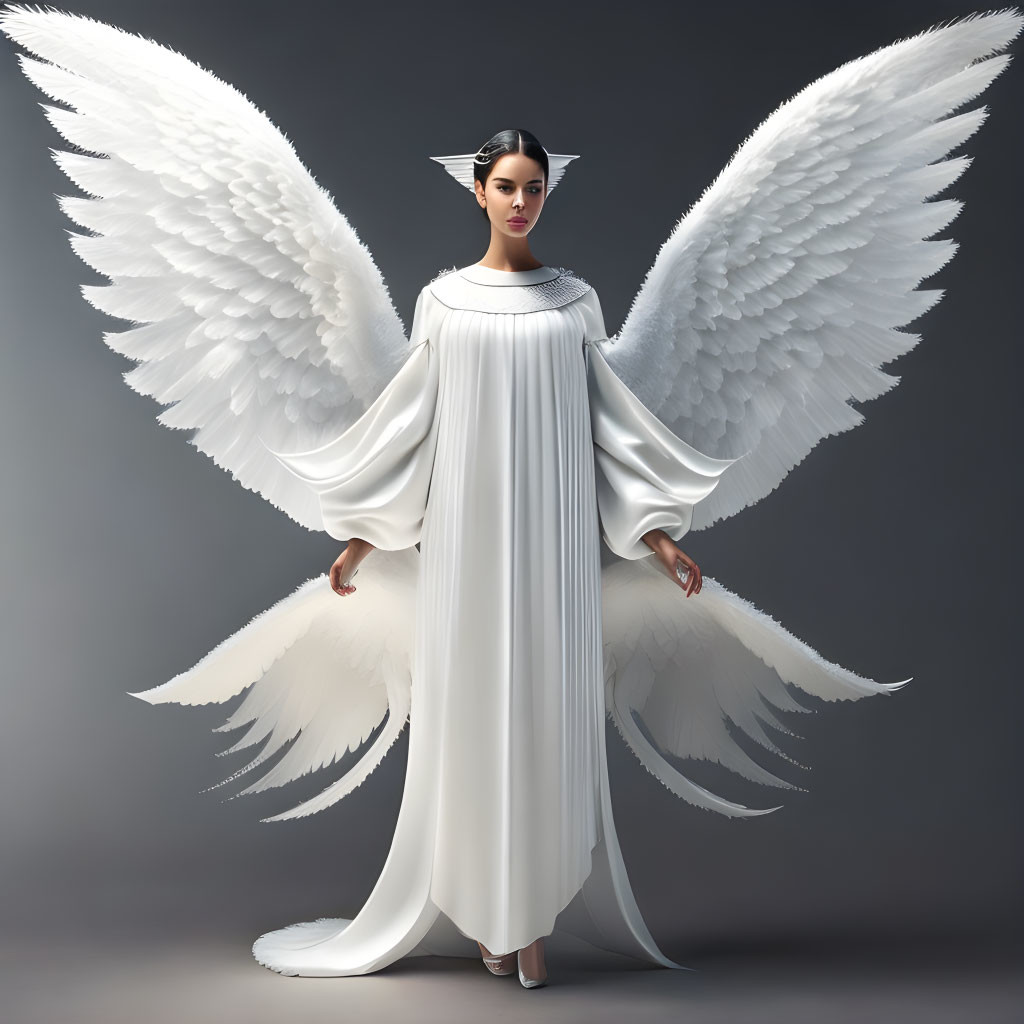 Serene figure with large white wings and flowing gown against gray background