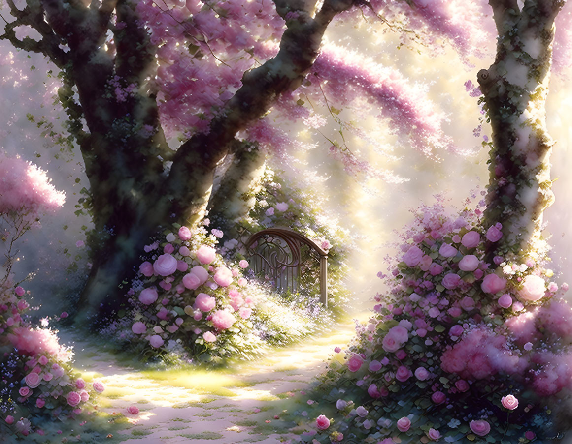 Pink Blooming Trees in Mystical Forest Glade with Sunbeams