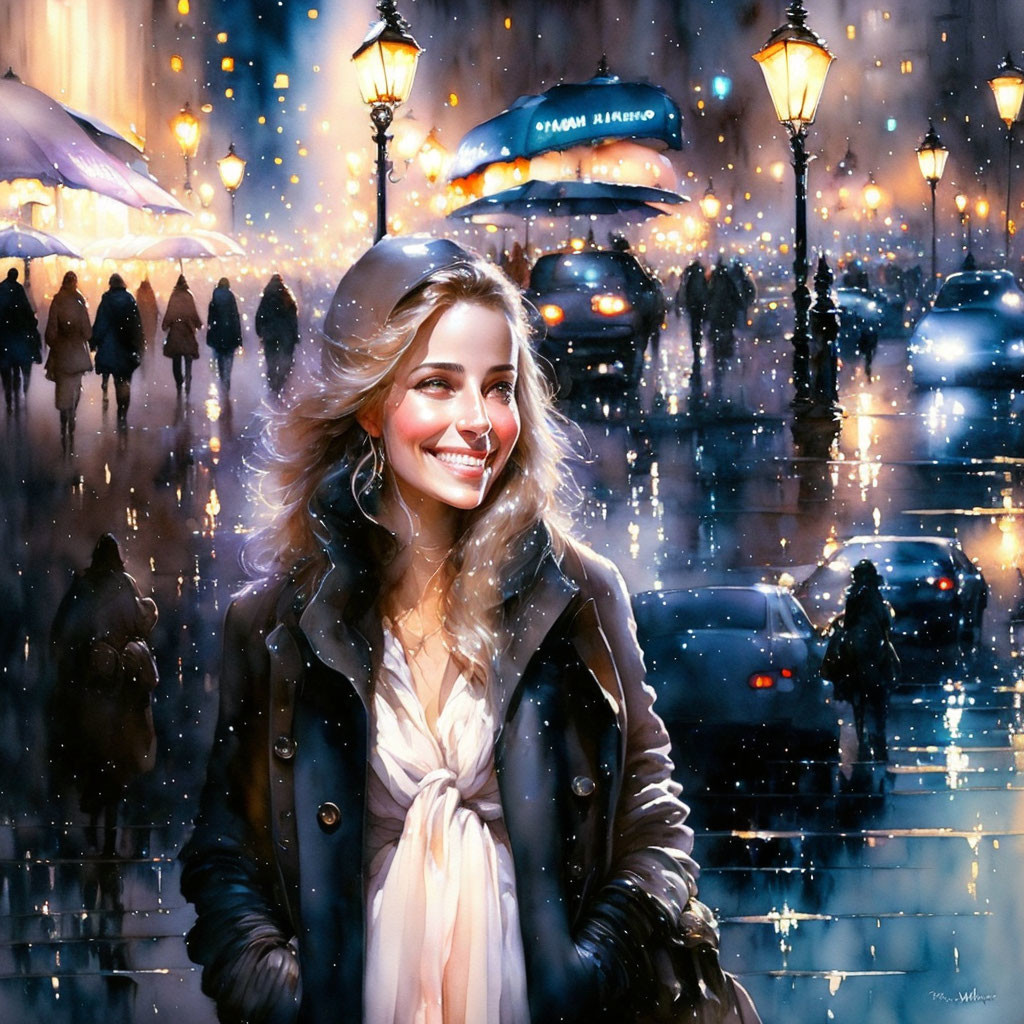 Smiling woman in winter coat on busy city street at night