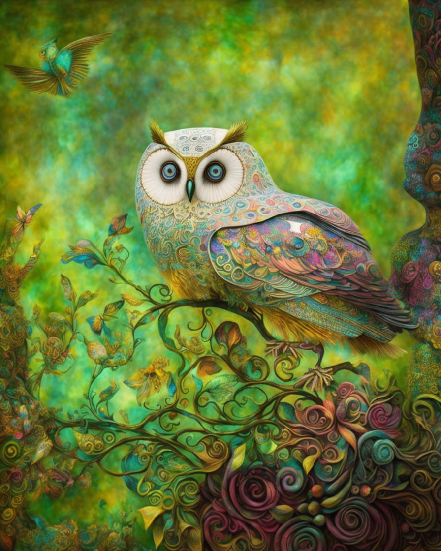 Colorful whimsical owl in intricate forest scene
