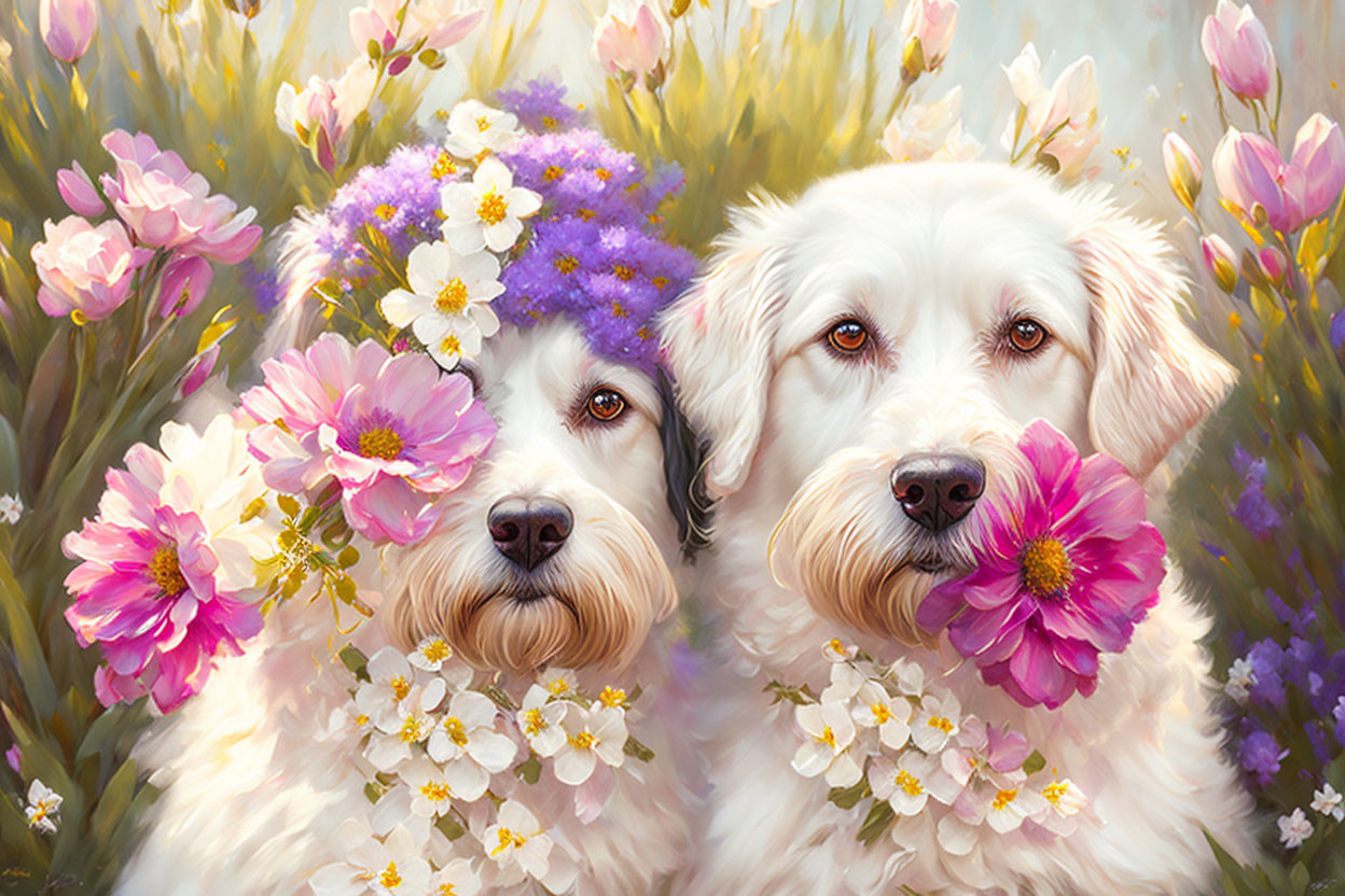 Colorful Flowers Surround Serene Dogs in Tranquil Scene