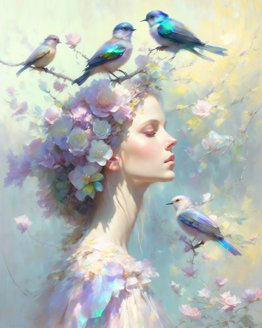 Woman with Pastel Blooms in Hair Surrounded by Vibrant Birds