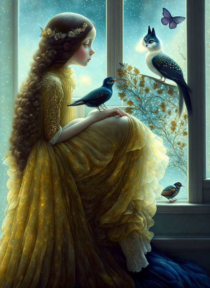 Woman in Golden Gown by Window with Birds and Butterfly in Magical Scene
