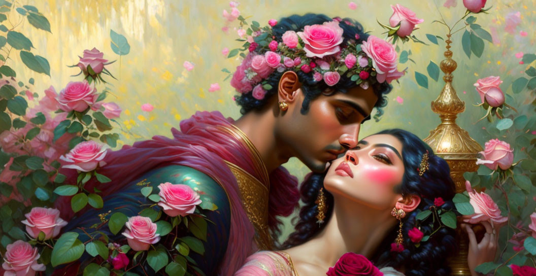 Illustrated South Asian couple surrounded by roses and golden floral backdrop
