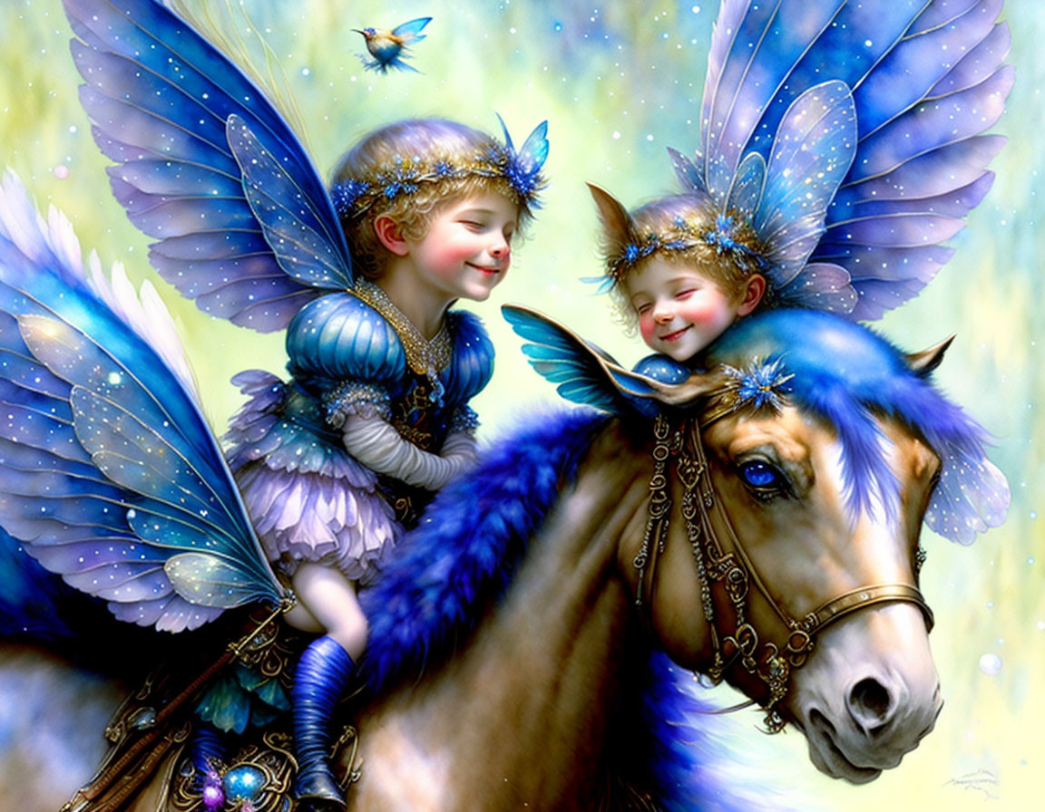 Iridescent winged fairies on blue horse with flowers in magical setting