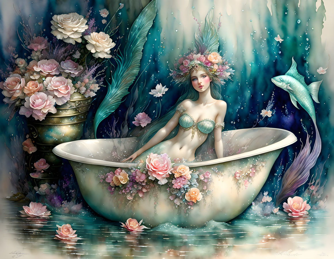 Woman in vintage bathtub with flowers, peacock feathers, and leaping fish.