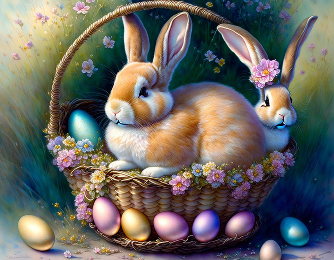 Easter-themed image with rabbits, eggs, and flowers in a basket