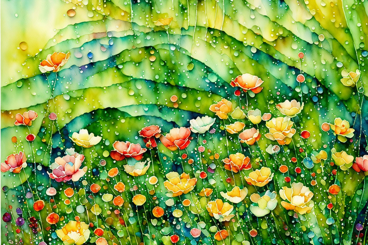 Colorful Watercolor Painting of Flowers on Green Leaf Background