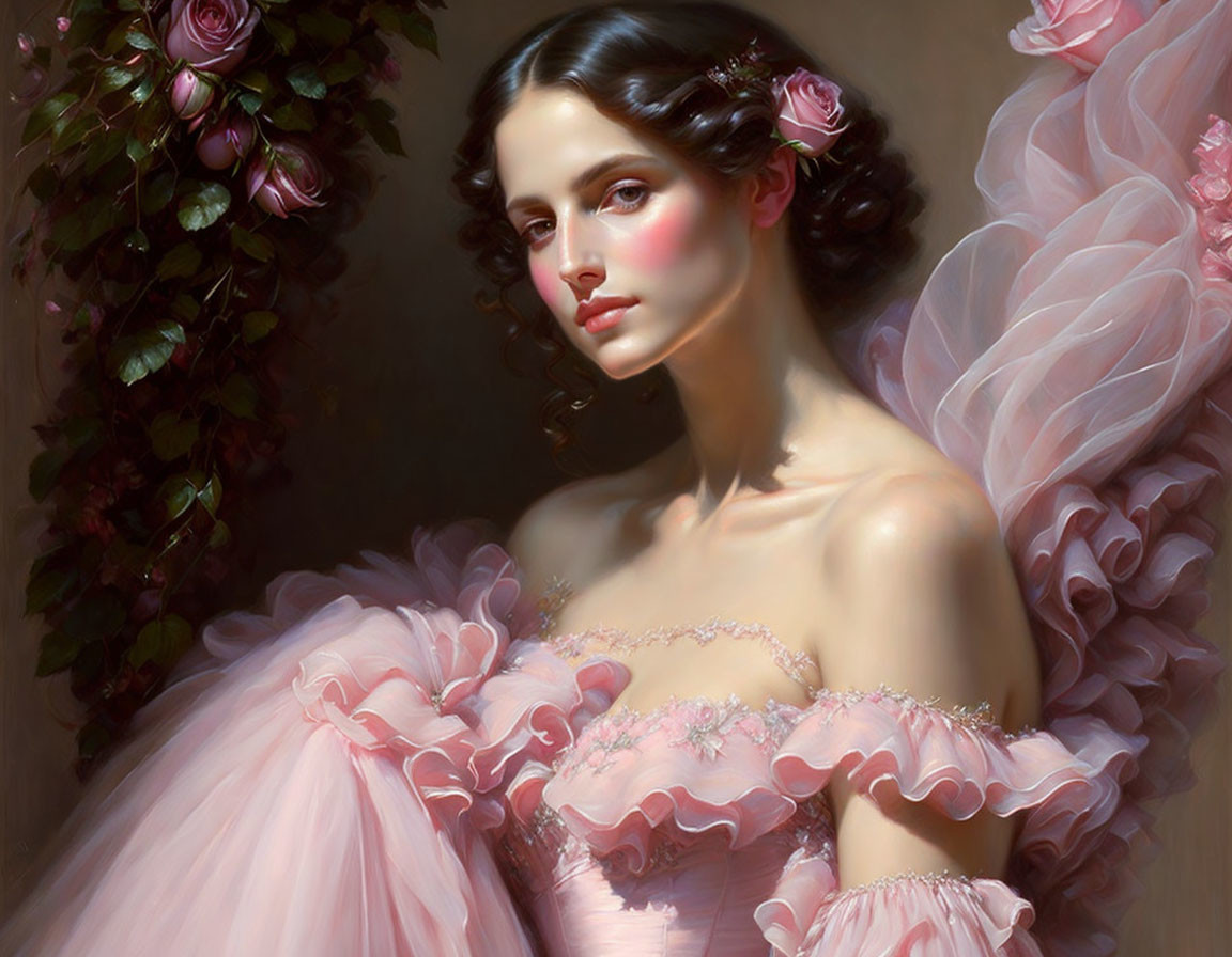 Portrait of woman with dark hair, pink flower adornments, and pale pink gown with rose details