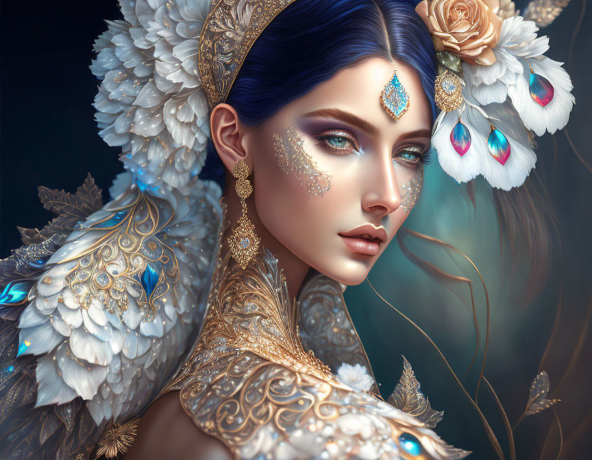 Fantastical portrait of woman in ornate feathered attire with blue eyes and face jewelry