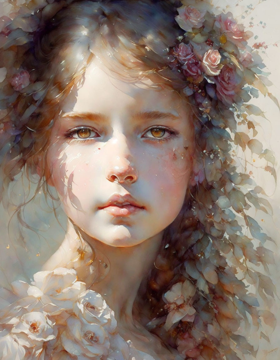 Portrait of a Young Girl with Floral Crown and Serene Expression