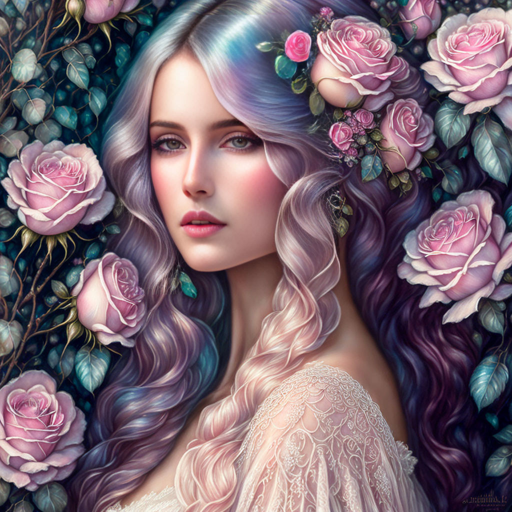 Detailed digital artwork: Woman with purple hair and floral backdrop