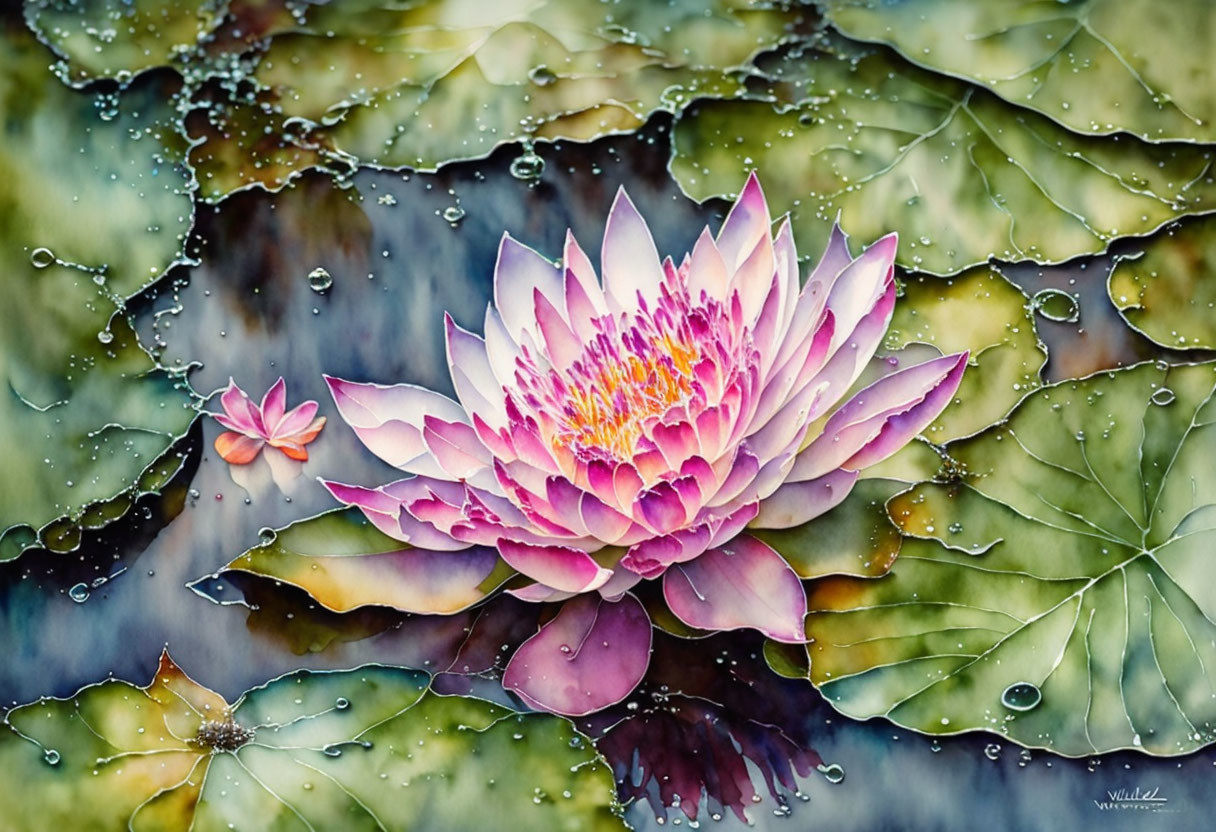 Pink Water Lily with Yellow Center and Lily Pads in Reflective Water