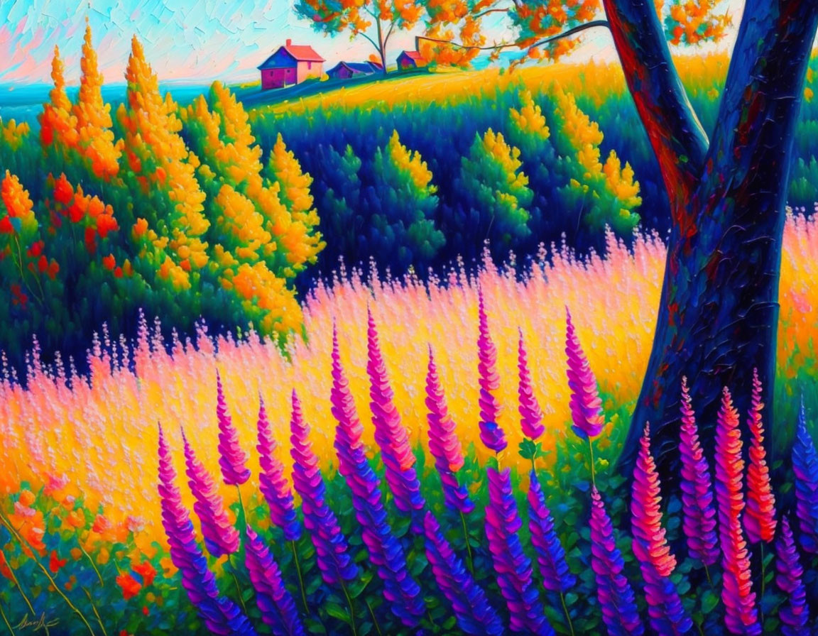 Colorful Lupine Flowers Painting with House, Trees, and Sunset Sky