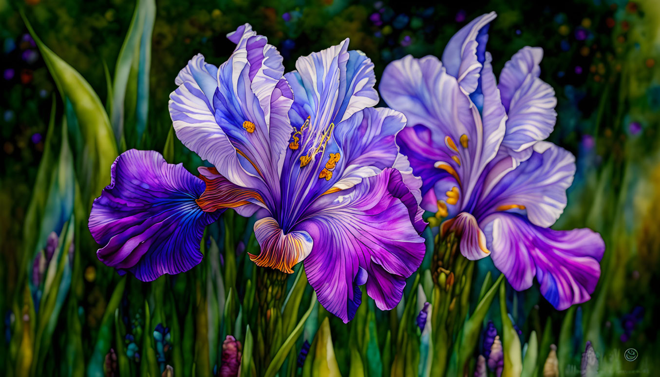 Colorful Iris Flowers in Full Bloom with Detailed Petals and Yellow Accents