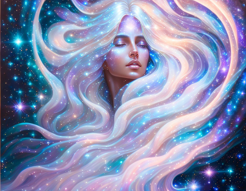 Surreal illustration of woman merging with galaxy in cosmic colors